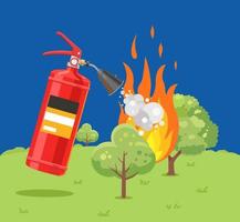 A fire extinguisher extinguishes a forest fire. Fire safety. vector