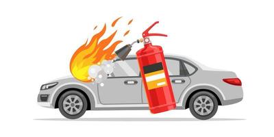 el extintor apaga el coche. coche en llamas vector
