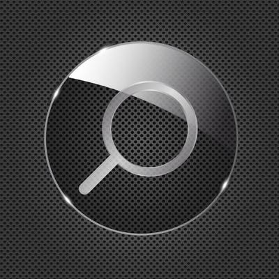 Glass Search button icon on metal background. Vector illustratio