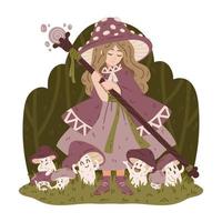 Mushroom witch, with a magic staff, a cape and a fly agaric hat. vector