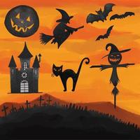 Set of watercolor painted Halloween day clipart vector
