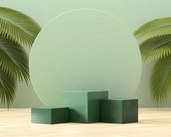 Abstract cubes podium for product display with palm leaves 3d render photo