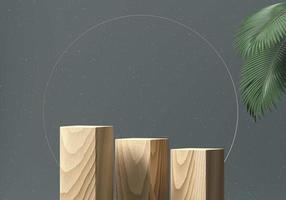 Escaparate de podio de madera para producto con hojas de palma 3D Render foto