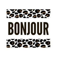 texto decorativo bonjour hola eslogan con fondo de piel de leopardo vector