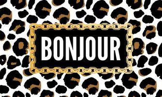 texto decorativo bonjour hola eslogan con fondo de piel de leopardo vector