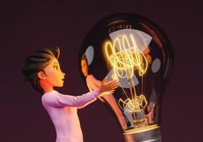 3d female character holding a giant light bulb