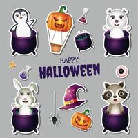 pegatinas de halloween con lindo pingüino, oso polar, conejo y mapache vector