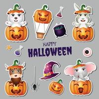 pegatinas de halloween con lindo oso polar, conejo, búfalo, elefante vector