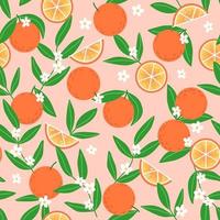 Summer seamless pattern of oranges with green leaves and white flowers vector