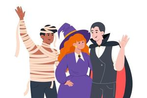 People in costumes for Halloween night, vampire, witch and mummy vector