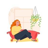 Young woman sitting by the window and reading a book, relaxing at home vector