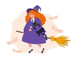 A witch in a hat flies on a witch's broomstick with a cat vector