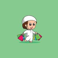 Muslim boy using Islamic custome looks happy after shopping vector
