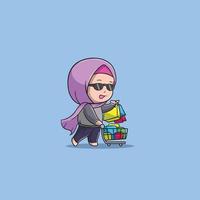 Cute Muslim girl pushing cart using glasses vector