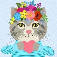 gato con corona de flores y sosteniendo un corazón de papel vector