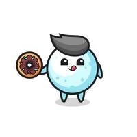illustration of a snowball character eating a doughnut vector