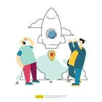 start up business launching concept. spaceship rocket and character vector