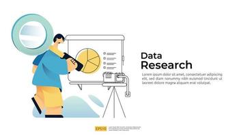 male character bring the magnifying glass with data on whiteboard vector