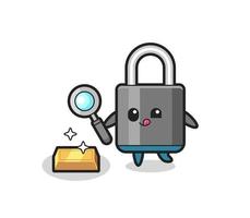 padlock character is checking the authenticity of the gold bullion vector