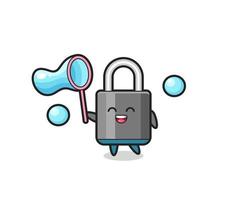 happy padlock cartoon playing soap bubble vector