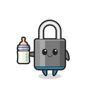 baby padlock cartoon character with milk bottle vector