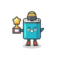 power bank cartoon as an ice skating player hold winner trophy vector