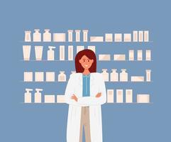 Pharmacist stands in front of pharmacy shelves vector