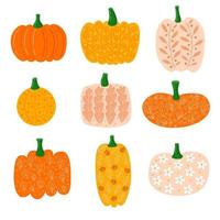 Set of halloween painted pumpkins in flat style vector