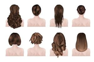 Set of realistic fashionable hairstyles brown color for women set vector