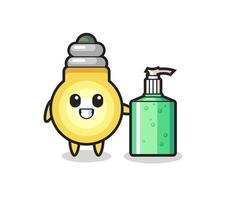 cute light bulb cartoon with hand sanitizer vector