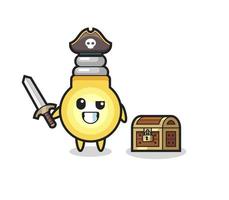the light bulb pirate character holding sword beside a treasure box vector