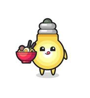 cute light bulb character eating noodles vector