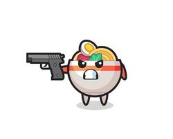 the cute noodle bowl character shoot with a gun vector