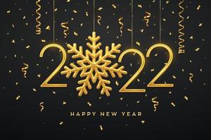 Happy New 2022 Year. Hanging Golden metallic numbers 2022 vector