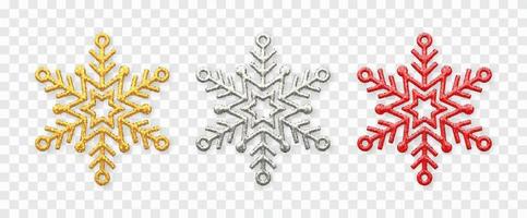 Snowflakes set. Sparkling golden, silver and red sowflakes. vector