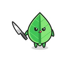 cute leaf mascot as a psychopath holding a knife vector