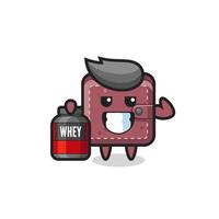 the muscular leather wallet character is holding a protein supplement vector