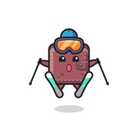 Personaje de mascota de billetera de cuero como jugador de esquí. vector