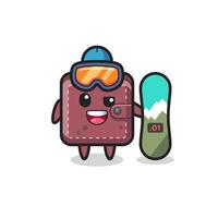 Illustration of leather wallet character with snowboarding style vector