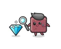 La mascota de la billetera de cuero está verificando la autenticidad de un diamante. vector