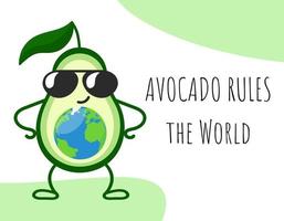 Avocado rules the World. Happy cool cartoon avocado in sunglasses vector