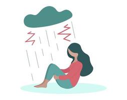 mujer deprimida sola. niña triste sentada bajo la nube y la lluvia vector