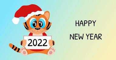 Tiger in new year hat is sitting and holding numbers 2022 vector