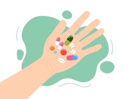 Taking pills. Medicines in hand. Palm top view and colorful medicines vector