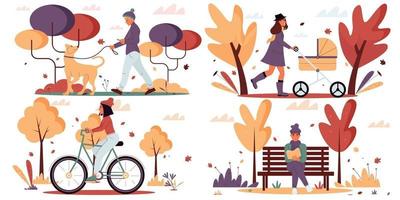 Collection of scenes with vector characters in the autumn park