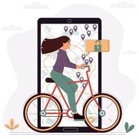 Young woman rides a rented bike around the city. vector