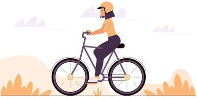 Mujer joven con un casco protector monta una bicicleta vector