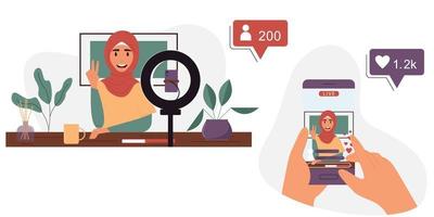 mujer musulmana está transmitiendo en vivo en un teléfono inteligente. vector
