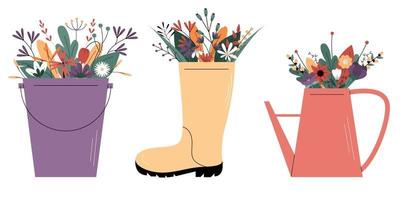 flores silvestres en una bota de goma, en una regadera y en un balde. vector
