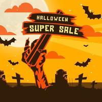 Hand drawn halloween sale concept with zombie hand and graveyard vector